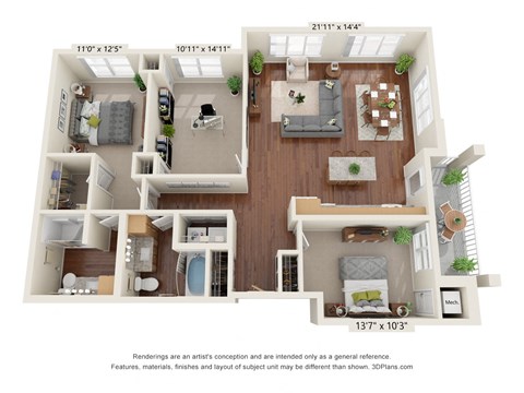 Floor plan for 3 beds, 2 baths, 1427 sqft